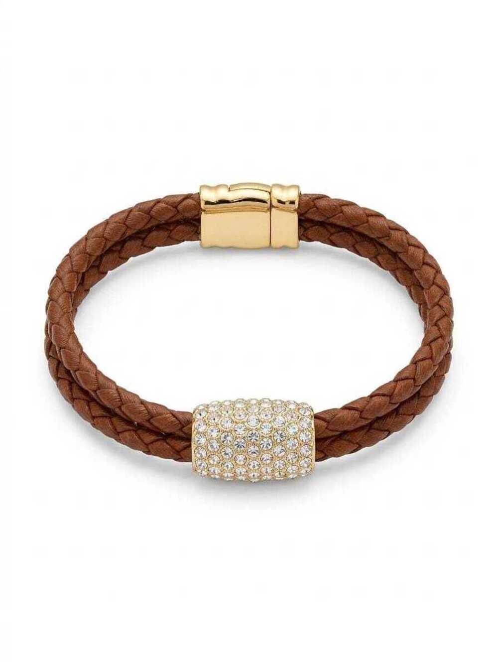 Braided Leather Bracelet for Women, Magnetic Bangle,  Brown, Boho Crystal Cuff